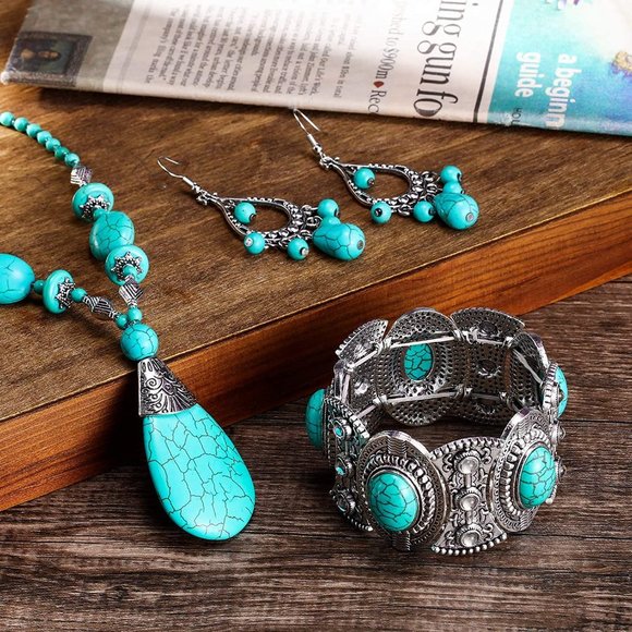 New 3 Pieces Bohemian Turquoise Jewelry Set Women Western Jewelry Set Turquoise - Picture 7 of 9